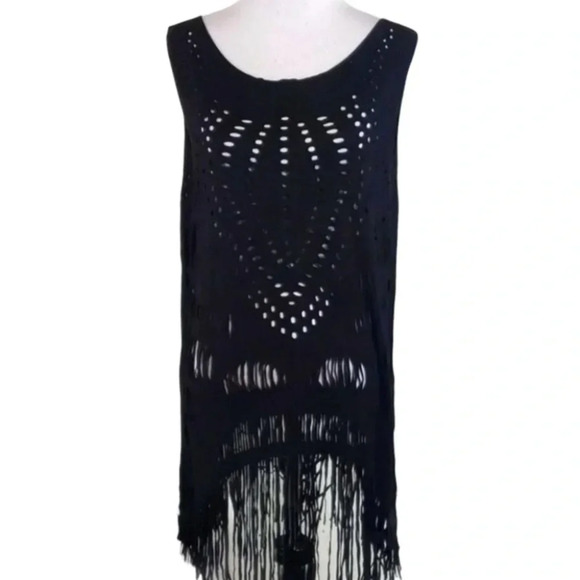 Trendy Boho Faux black faux suede fringe tunic Western Gothic Cowgirl Concert - Picture 4 of 7